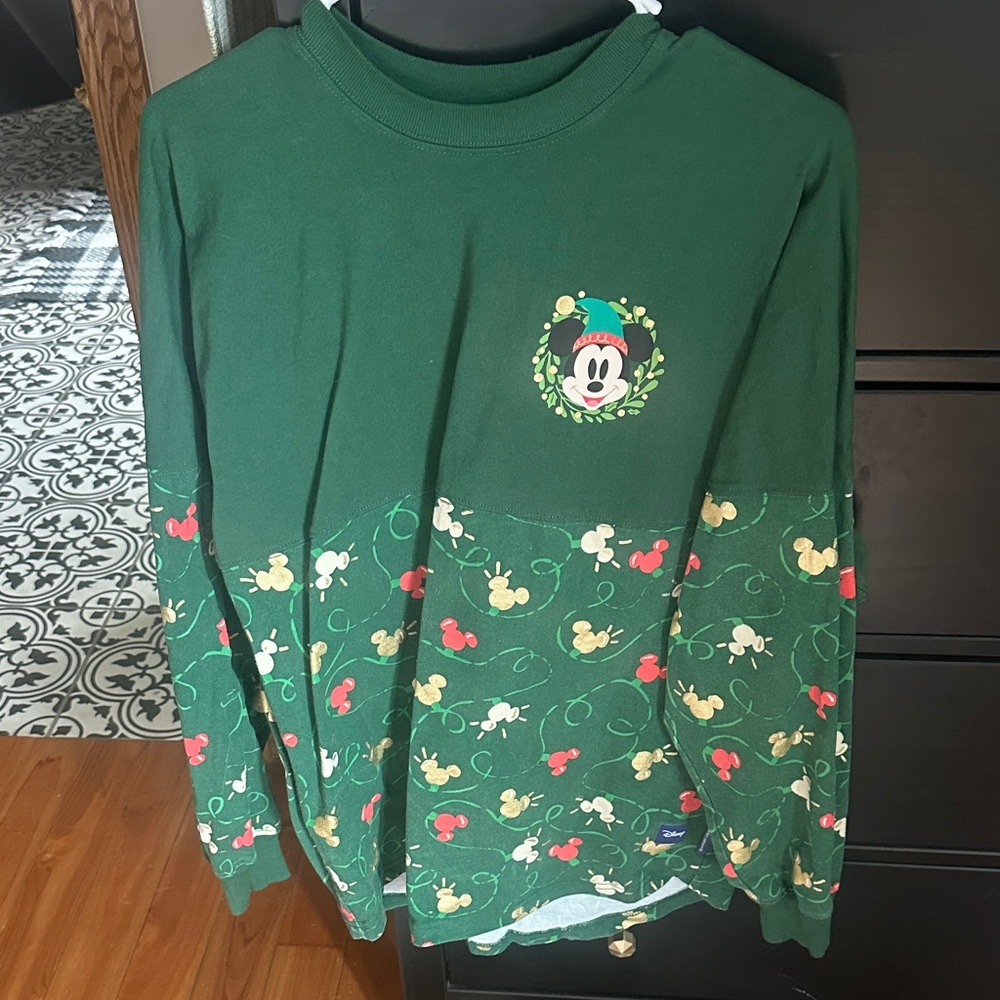 Disney Green Mickey Mouse Holiday Long Sleeve Tee with Red & Cream Accents
